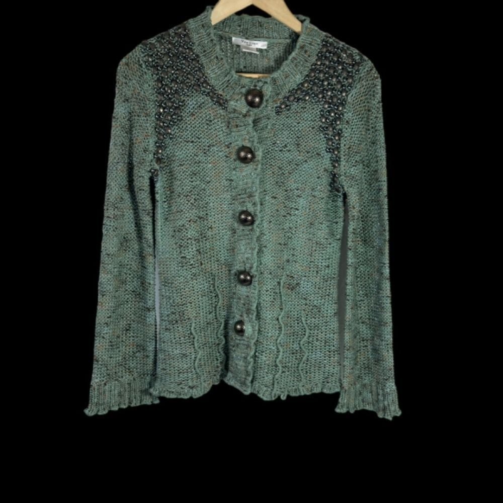 Vertigo Paris Green Heather Knit Sweater Studded Shoulder Deco Details Sz M